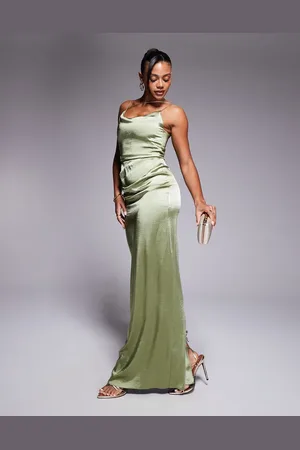 Vesper Satin strappy maxi dress with split in khaki
