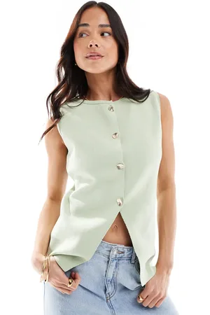 ASOS DESIGN knitted button front waistcoat with gold buttons in sage