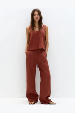 Pull&Bear Tie waist wide leg linen trouser in