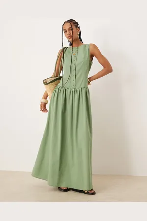ASOS Slash neck button down dropped waist maxi dress in pistachio
