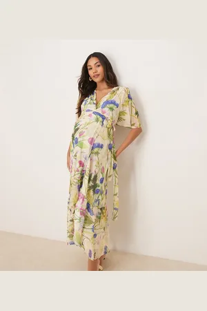 HOPE & IVY Frill sleeve maxi wrap dress with tie waist in print
