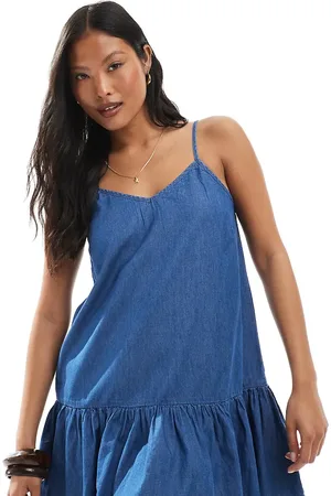 ONLY Dropped waist chambray mini dress in mid