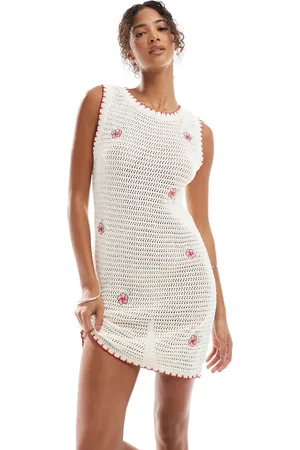 ASOS Knitted crochet mini dress with flower embroidery in ecru