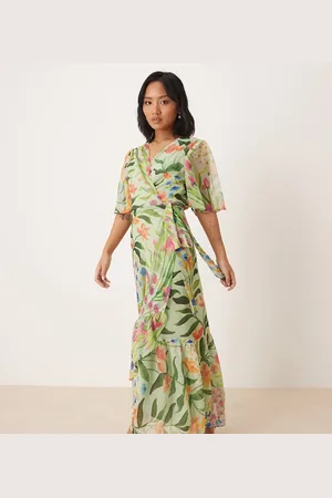 HOPE & IVY Frill sleeve maxi wrap dress with tie waist in print