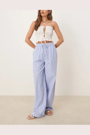 VILA Highwaist wide leg stripe dad pant with turn up cuff in