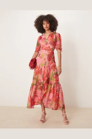 HOPE & IVY Flutter sleeve maxi wrap dress with tie waist in multi