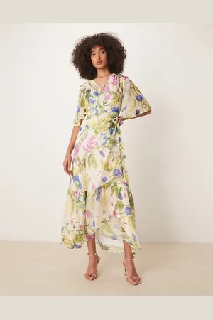 HOPE & IVY Frill sleeve maxi wrap dress with tie waist in print