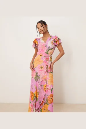 HOPE & IVY Frill sleeve maxi wrap dress with tie waist in floral print