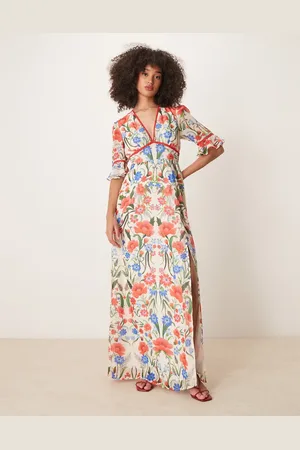 HOPE & IVY Frill sleeve thigh split open back maxi dress in multi