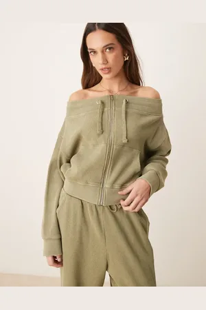 ASOS Co-ord waffle off shoulder zip through sweat in khaki