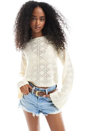 Miss Selfridge Knitted pointelle flare sleeve top in cream