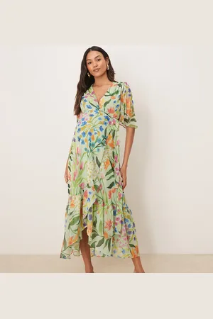 HOPE & IVY Frill sleeve maxi wrap dress with tie waist in print