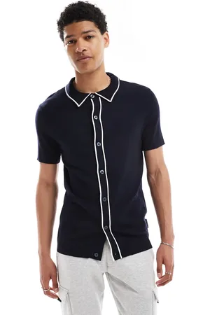 French Connection French Connection tipped knitted button through polo in navy and ecru