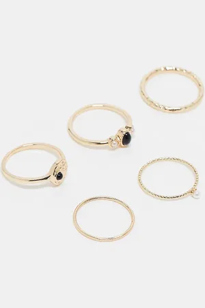 ASOS ASOS DESIGN Curve pack of 5 rings with black stone and faux pearl design in tone