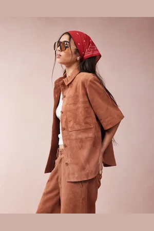 ASOS Suede cropped boxy shirt co-ord in tan