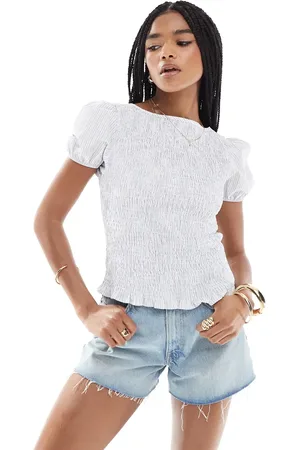 ASOS Shirred puff sleeve blouse in blue stripe