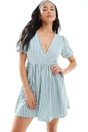 Daisy Street Puff sleeve tie waist mini dress in check