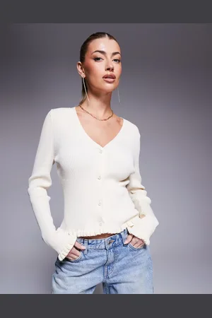 ASOS Neat fit cardigan with frilled hems in ecru