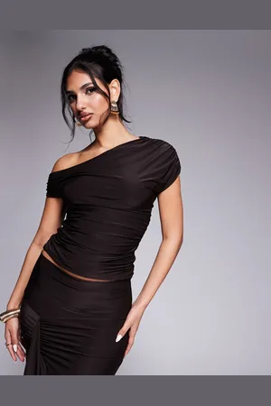 Kaiia Exclusive slinky asymmetric off shoulder top co-ord in chocolate