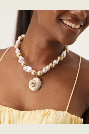 ASOS Necklace with pearl detail and shell pendant in brushed tone