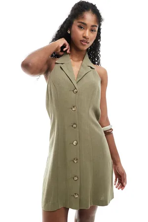 Miss Selfridge Linen blend collared halter mini dress khaki