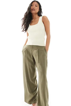 Miss Selfridge Linen blend tailored wide leg trousers in khaki