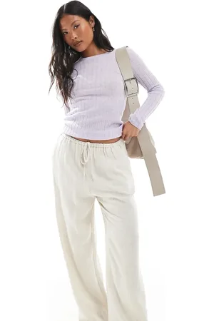 Miss Selfridge Linen blend drawstring waist wide leg trousers in stone