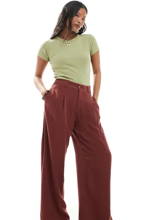 Miss Selfridge Linen blend tailored wide leg trousers in burgundy