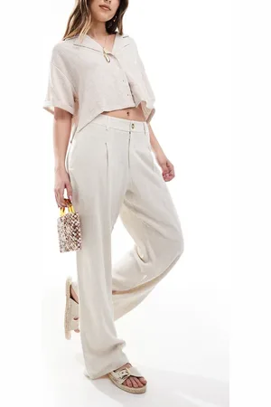 Miss Selfridge Linen blend tailored wide leg trousers in stone