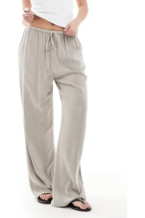 Miss Selfridge Linen blend drawstring waist wide leg trousers in taupe
