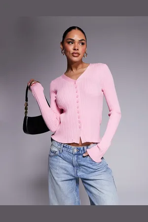 ASOS Button front v neck cardigan with frill in rib in