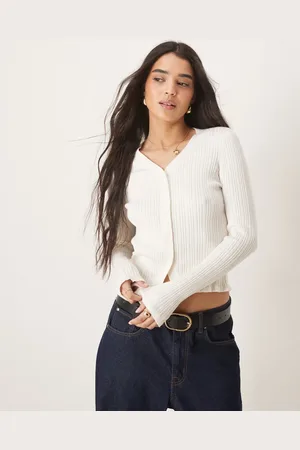 ASOS Button front v neck cardigan with frill in rib in cream