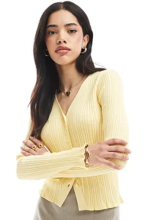 ASOS Button front v neck cardigan with frill in rib in lemon