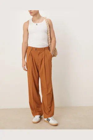 ASOS Smart wide leg linen look belted trousers with front pleat in rust