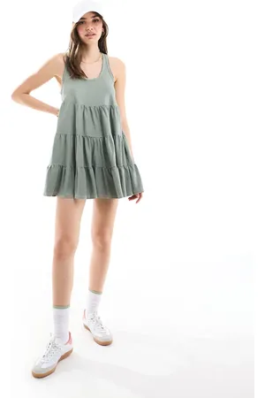 Miss Selfridge Sleeveless acid wash smock mini dress in sage