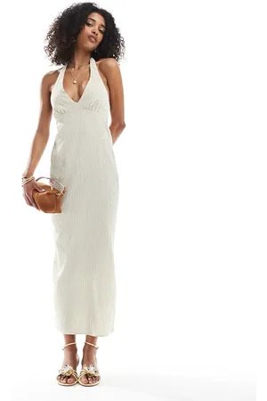 Bershka Halterneck linen maxi dress in ecru stripe