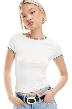 Miss Selfridge Short sleeve jersey crew neck top in cream