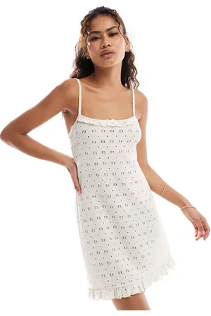 Miss Selfridge Crochet jersey babydoll mini dress in cream