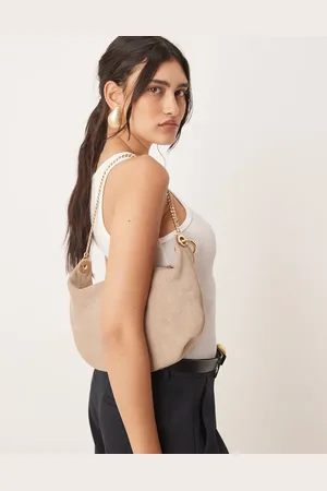 ASOS Suede interchangeable cookie pouch clutch with gold hardware in stone