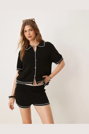 ASOS Beach knitted short co ord with contrast scallop stitch in black