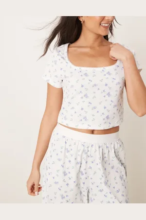 ASOS Mix & match fitted pyjama tee with picot trim in blue ditsy print