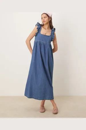 ASOS Denim smock maxi dress with bow back in midwash