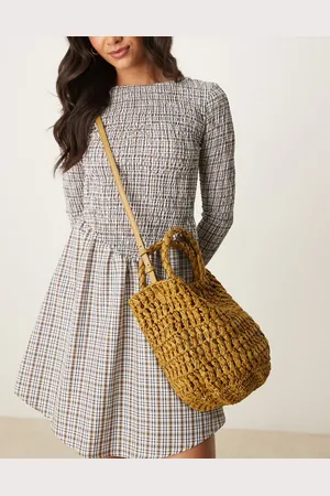 MANGO Raffia bucket bag with linning in tan