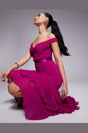 Goddiva Pleated bardot high low tier chiffon midaxi dress in magenta