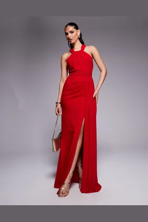 Goddiva Halterneck thigh split chiffon maxi dress in