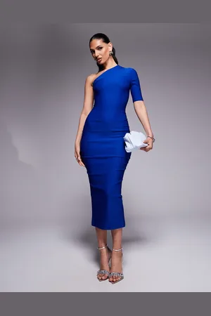 Vesper One shoulder bodycon midaxi dress in cobalt
