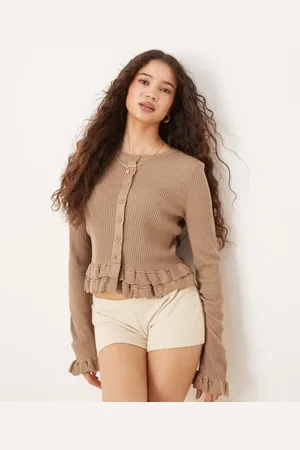 ASOS Knitted crew neck cardigan with frill detail in taupe