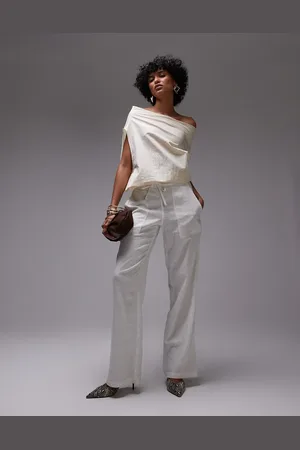 MANGO Satin touch ruched off shoulder top in ecru