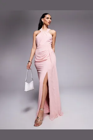 Goddiva Halterneck thigh split chiffon maxi dress in blushpink
