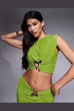 ASOS Co-ord ruched short sleeve top with hardware detail in avocado